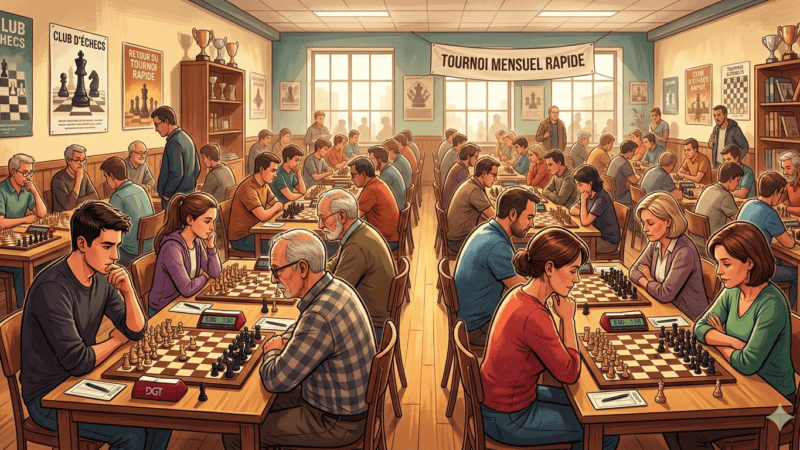 Tournoi de jeu d'échecs rapide à La Tour Hyéroise, ambiance conviviale et compétitive.