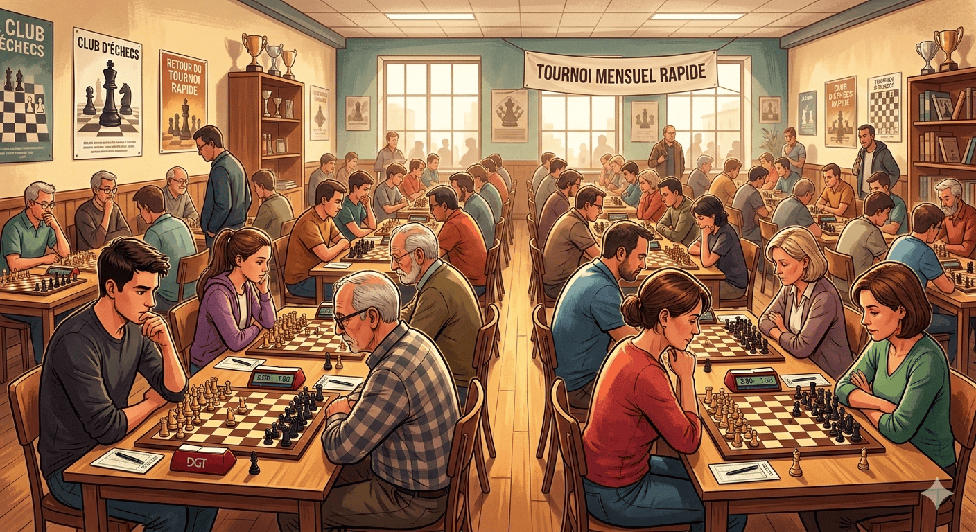 Tournoi de jeu d'échecs rapide à La Tour Hyéroise, ambiance conviviale et compétitive.