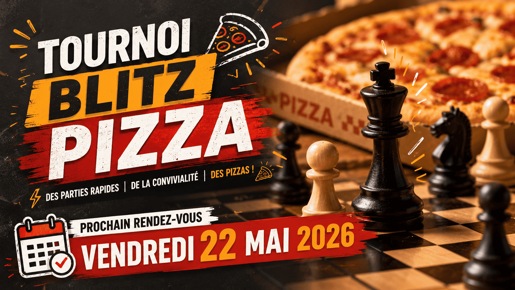 Tournoi Blitz Pizza Hyéroise, compétition d'échecs avec pizza, organisée à Hyères, le 22 mai 2026